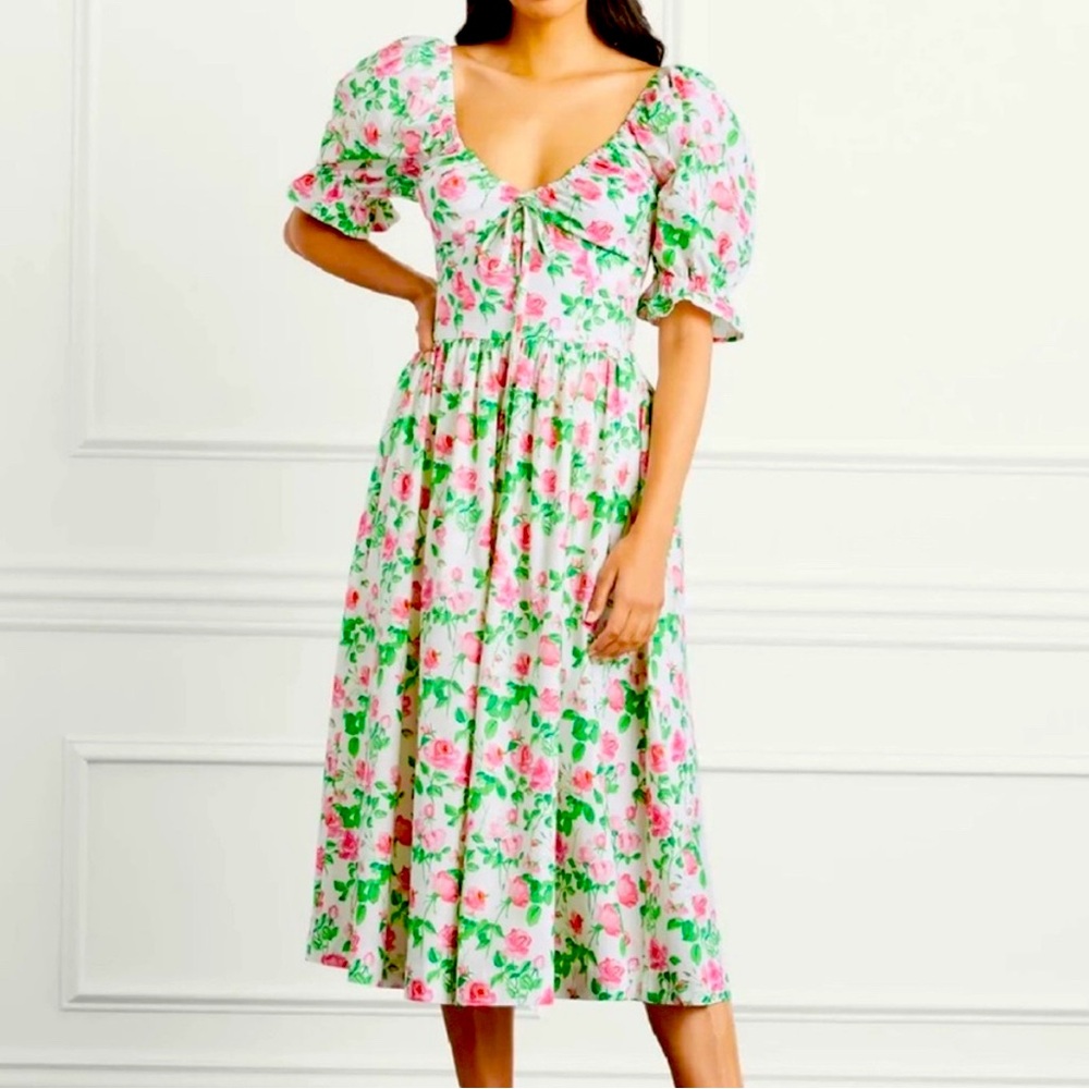 Hill House The Ophelia Dress White & Green W/Pink Roses Medium NWT